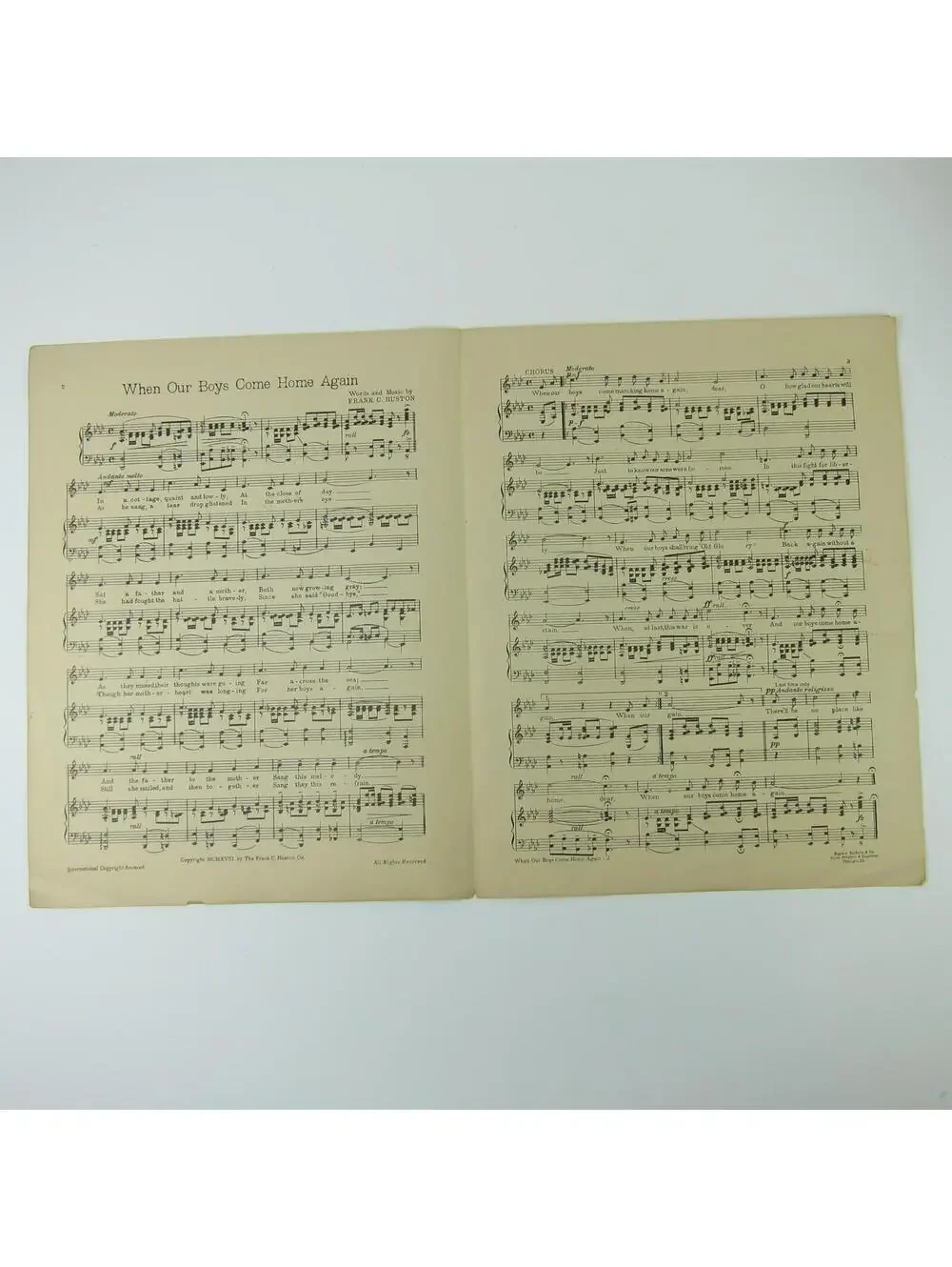 Sheet Music When Our Boys Come Home Again Frank C. Huston WWI Antique 1918